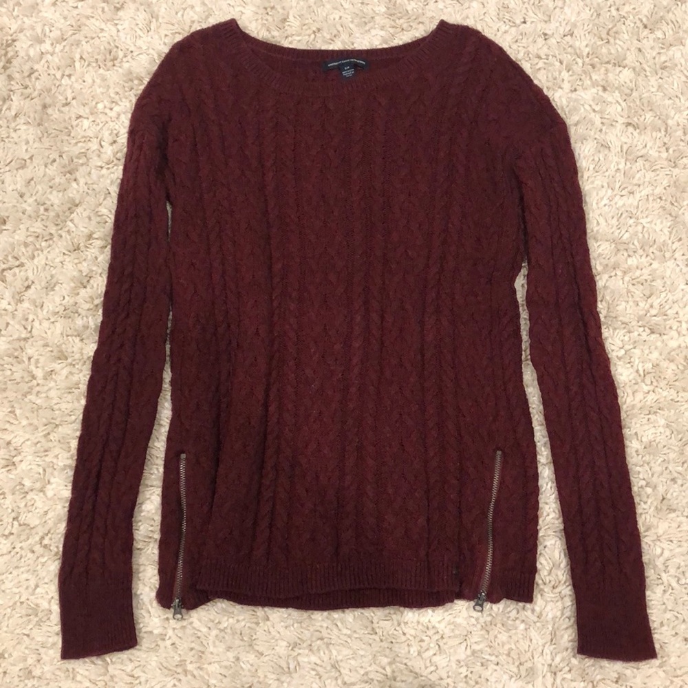 American Eagle Cable Zipper Sweater in Dark Red